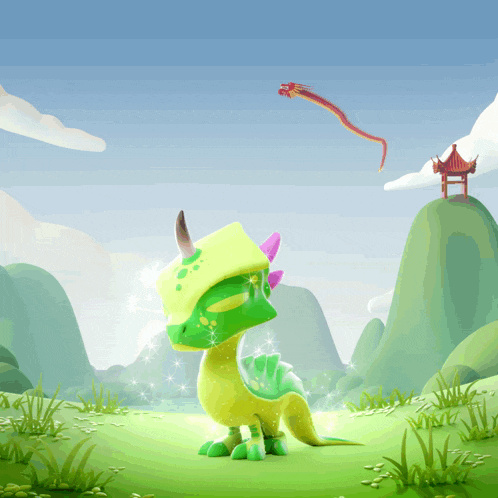 a green and yellow dragon with a yellow hat on stands in a grassy field