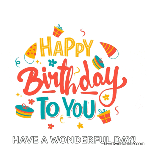 a happy birthday to you greeting card with gifts and party hats