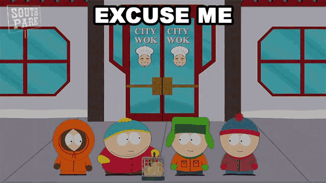 a group of south park characters are standing in front of a restaurant called city wok