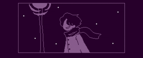 a pixel art drawing of a person with a scarf around their neck standing in front of a street light .