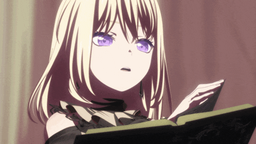 a girl with blonde hair and purple eyes is holding a book