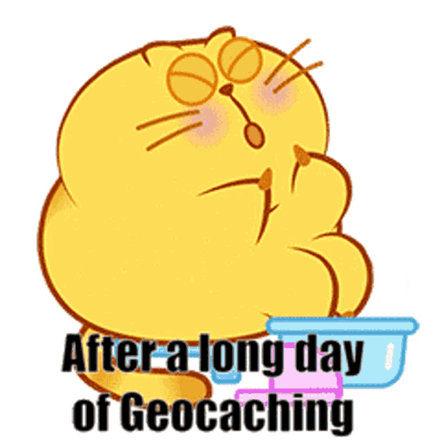 a cartoon cat is holding a cup with the words after a long day of geocaching written below it