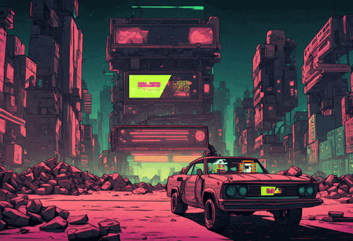 a car is parked in front of a building with a neon sign that says ' a.j.m. ' on it