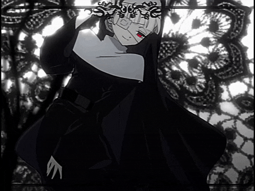 a black and white image of a nun with a crown on her head