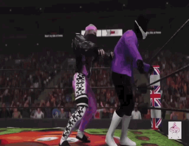 a purple wrestler is being pinned by a purple wrestler in a video game