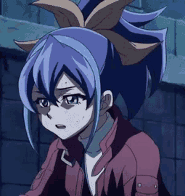 a close up of a cartoon character with blue hair and a ponytail
