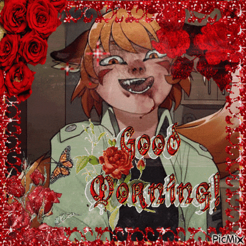 a picture of a cartoon character with the words good morning written in red