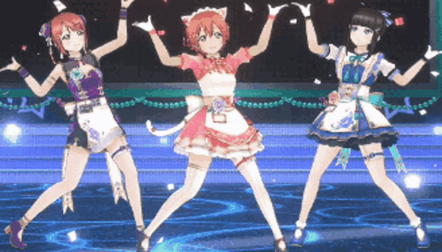 three anime girls are dancing on a stage