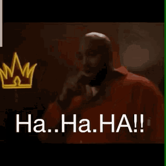 a man in a red shirt is laughing in front of a neon crown and the words `` ha ... ha ... ha ! ''