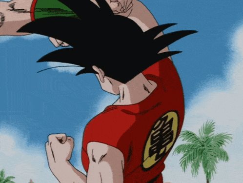 a cartoon character with a red shirt that says ' goku ' on the back