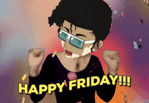 a cartoon drawing of a woman with sunglasses and the words happy friday