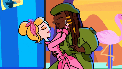 a cartoon of a man and a woman kissing with a pink flamingo in the background