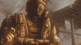 a man in a gas mask is holding a gun in his hand