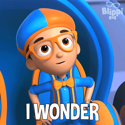 a blippi cartoon character says i wonder while sitting in a chair