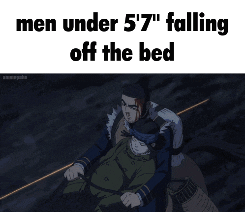 a cartoon of a man holding a gun with the caption " men under 5 ' 7 " falling off the bed "