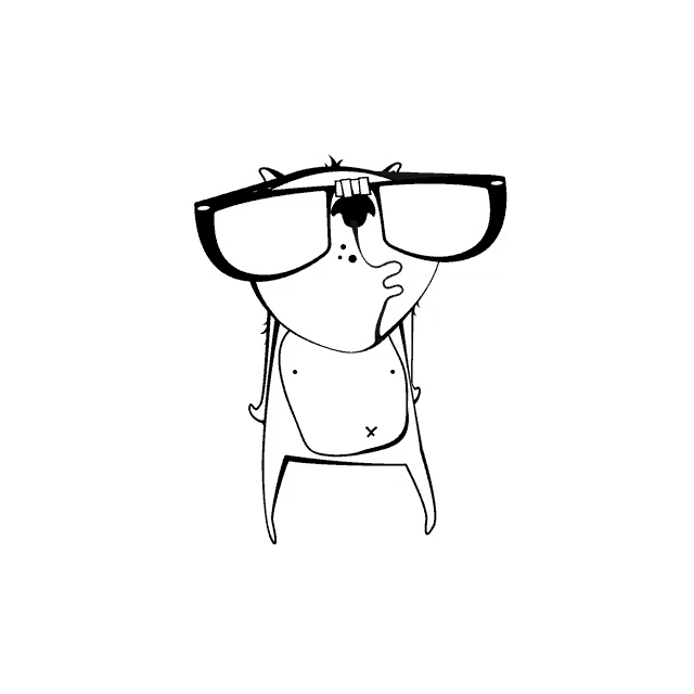 a drawing of a dog wearing glasses with a x on its chest