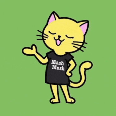 a yellow cat wearing a black mash mosh shirt