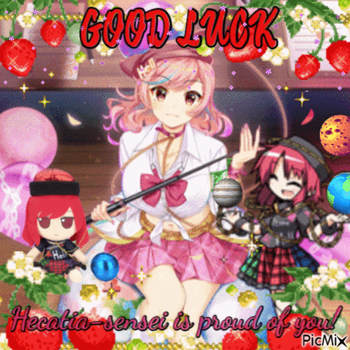 a picture of a girl with a microphone and the words good luck