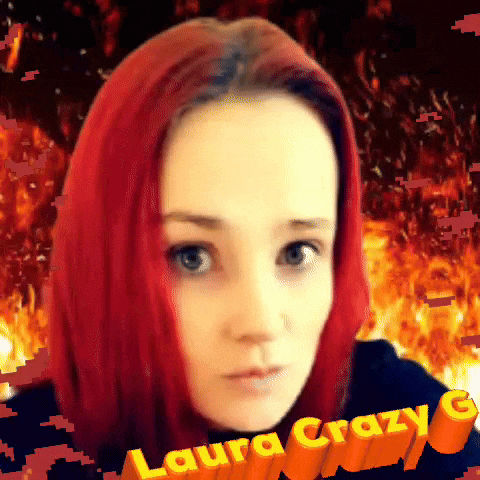a woman with red hair and the words laura crazy g