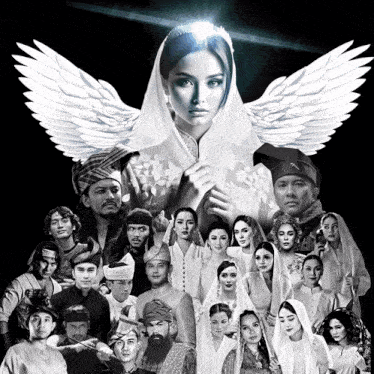 a black and white photo of a group of people including a woman with white wings