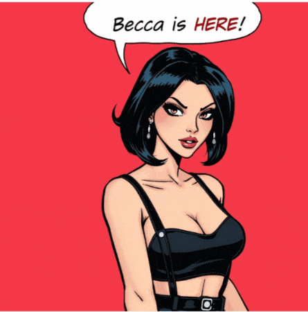 a woman with a speech bubble saying becca is here