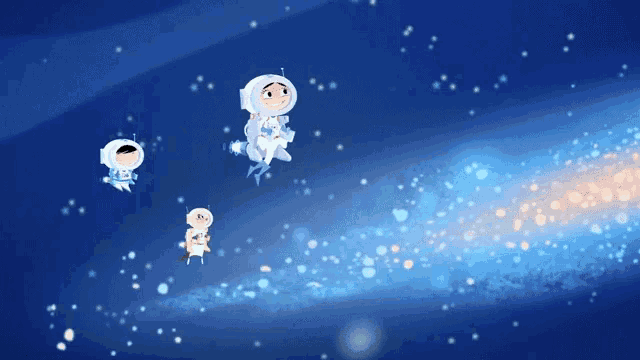 a group of cartoon astronauts are flying through the air