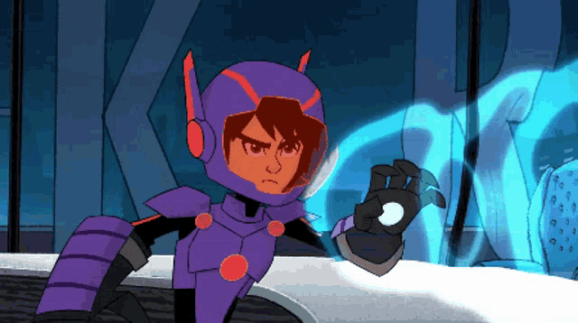 a cartoon character with a purple helmet and red ears