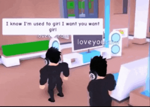 two cartoon characters are standing in a room with a sign that says love your