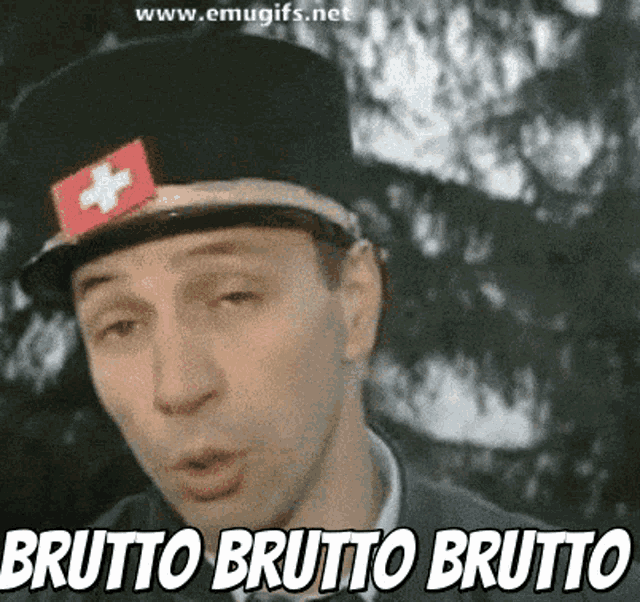 a man wearing a top hat with a red cross on it and the words brutto brutto brutto