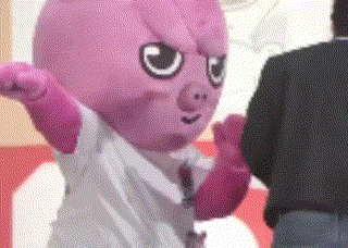 a pink mascot is standing in front of a man .
