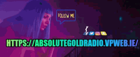 a woman with blue hair is looking at her phone with a speech bubble saying follow me