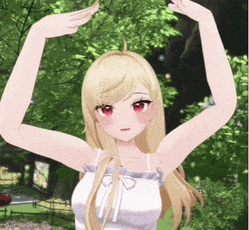 a girl with blonde hair and red eyes is standing in a park with her arms outstretched