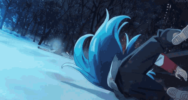 a person with blue hair is laying on the ground in the snow