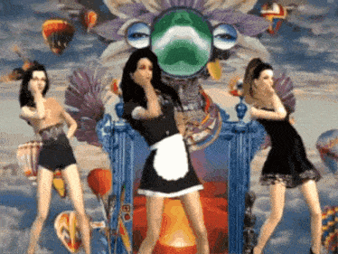 a woman in a maid outfit is dancing in front of a mirror with balloons in the background