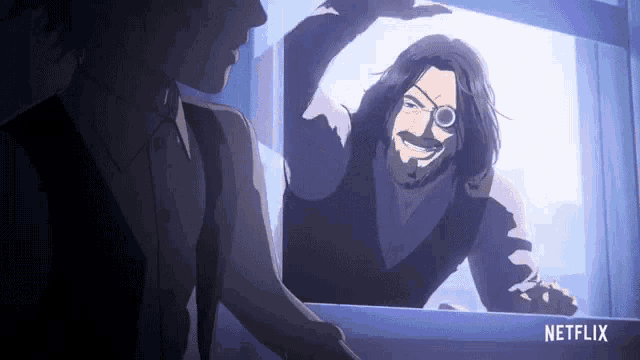 a man with a beard and glasses is looking out a window at another man .