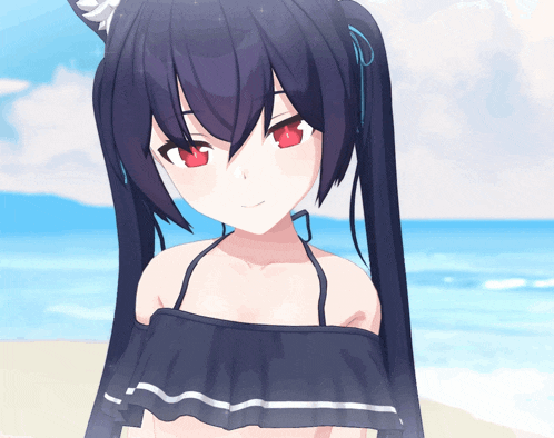 a girl with long black hair and red eyes is wearing a bikini top