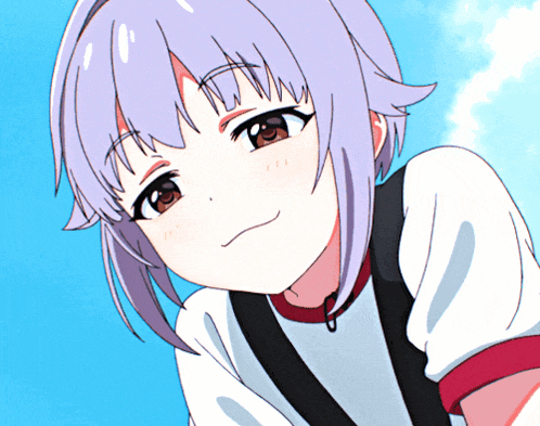 a girl with purple hair is wearing a white and black shirt