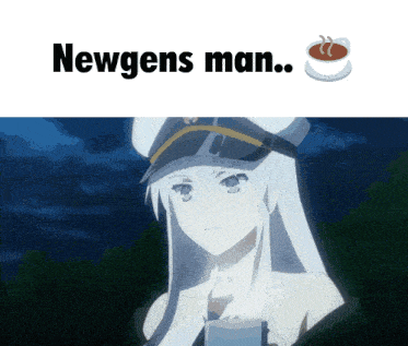 a picture of a girl holding a cup of coffee with the words newgens man below her