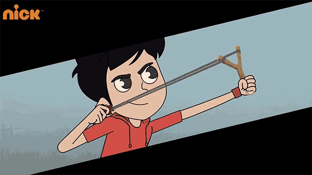 a cartoon of a boy holding a slingshot with a nick logo in the background