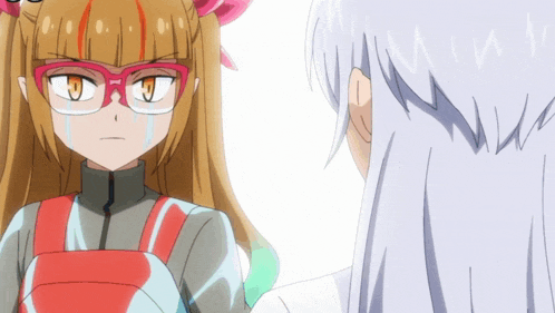 a girl with glasses is crying while looking at another girl with white hair