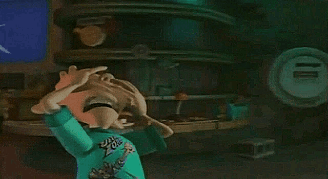a cartoon character is holding his head with his hands