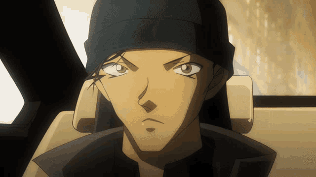a cartoon character wearing a black hat and a black jacket