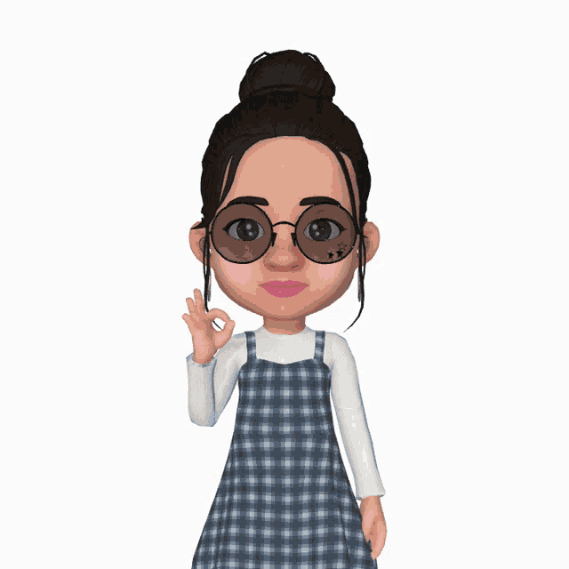 a cartoon girl wearing a plaid dress and sunglasses