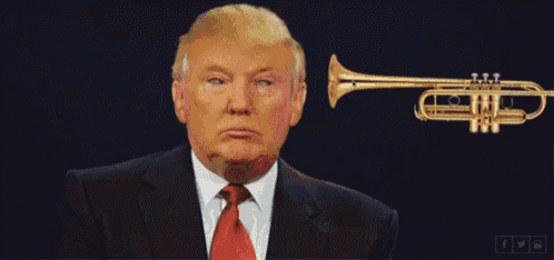 trump playing a trumpet with the words " women power " behind him