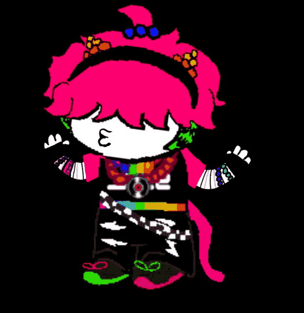 a drawing of a person with pink hair and a rainbow necklace