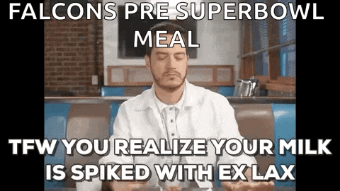 a man in a white coat is sitting in a diner with his eyes closed and a falcons pre super bowl meal meme .