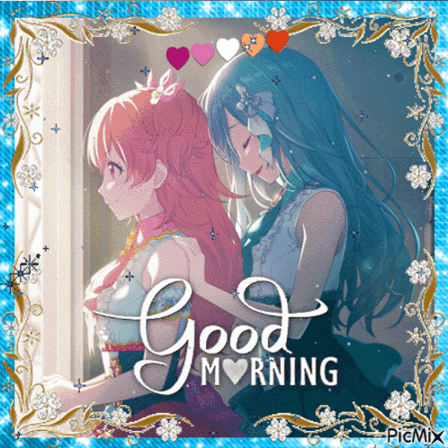 a picture of two anime girls with the words good morning