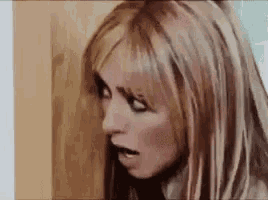a close up of a woman 's face with long blonde hair .