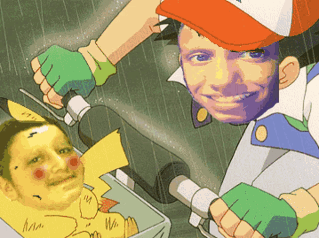 a cartoon drawing of a man holding a stroller with a pikachu in it