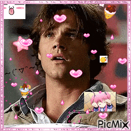 a picture of a man surrounded by pink hearts and a picmix logo